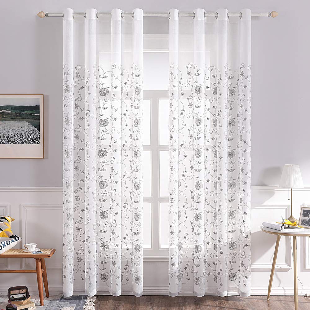 MIULEE 2 Panels Embroidered Sheer Window Flower Design Grommet Curtains Window Voile Panels/Drape/Treatment for Bedroom Living Room Flower 55" Wx 96" L Grey