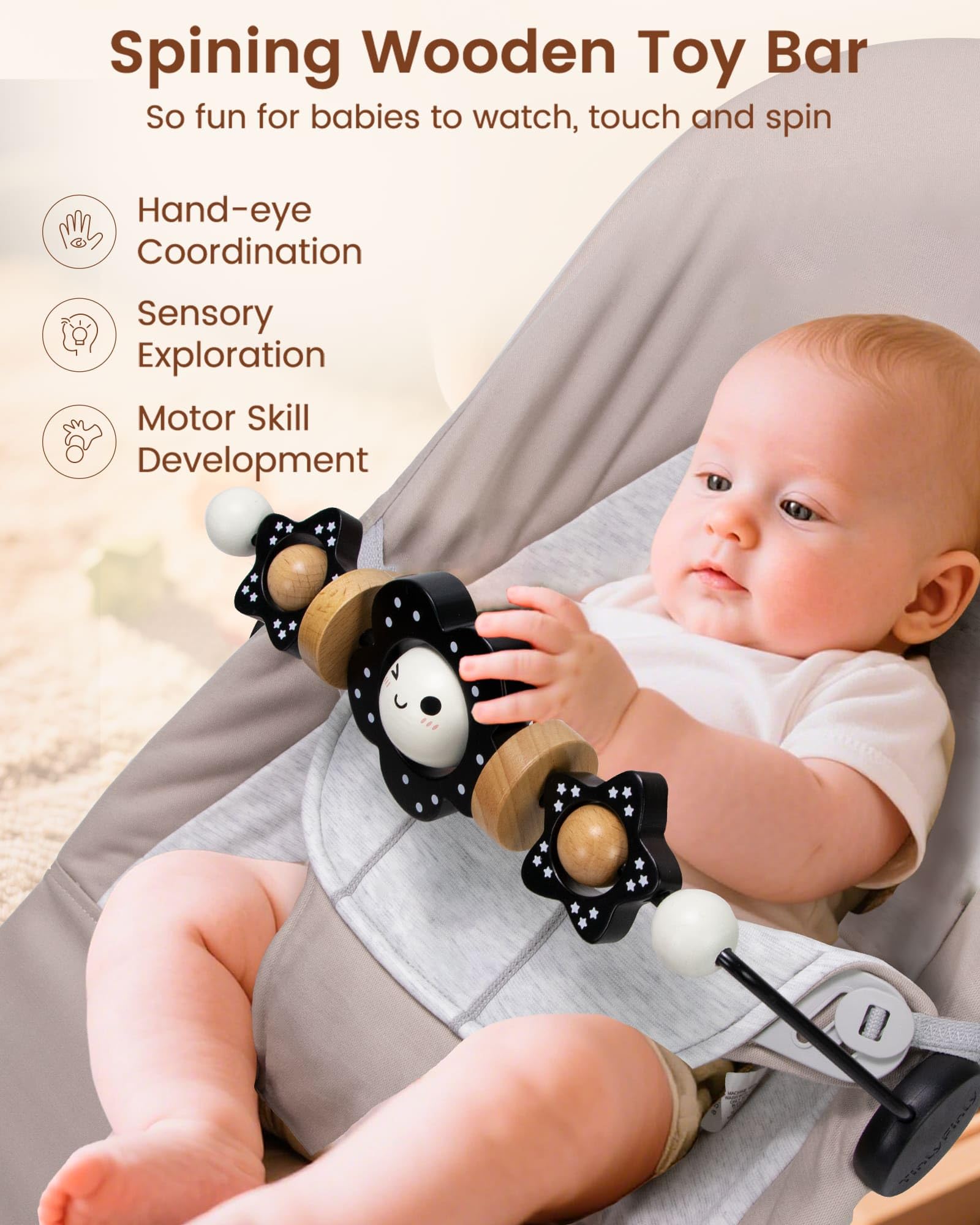 Baby Bouncer Toy Bar Wooden Compatible with Baby Bjorn Bouncer, Bouncer Toy Attachment Tight and Secure Fit, So Fun to Watch, Touch and Spin for Babies All Ages (Black and White Flower)