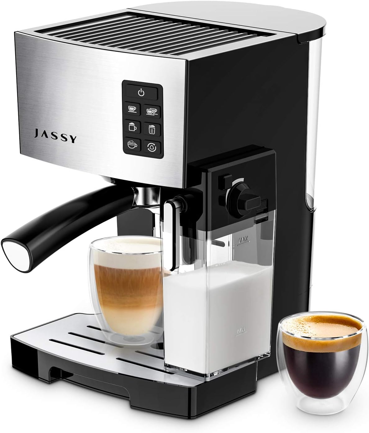 JASSY Espresso Machine, Multifunction Coffee Machine with Automatic Milk Frother, 19 Bar Pressure Coffee Brewer, Programmable, for Espresso, Double Espresso, Cappuccino, Latte, Black (JS100)