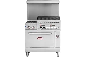 Kratos 36" Wide Commercial Gas Range with 24" Charbroiler, 2 Burners, and Full Size Oven, 154,000 BTU Output, Freestanding Range for Restaurants, Liquid Propane