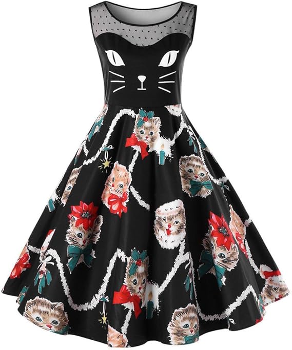Amazon Co Jp ワンピース Potojp クリスマス 猫柄 ドレス スリム Aラインワンピース 大人用 ノースリーブ クリスマスプリント 仮装ドレス 可愛いレーススカート 可愛い 膝丈スカート 細身 女の子 女性用 スカート 衣装 クリスマス ハロウィンパーティー 演劇 結婚式