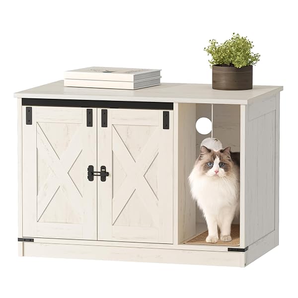 HZUANERI CAT LITTER BOX ENCLOSURE, HIDDEN LITTER BOX CABINET FURNITURE WITH BELL, INDOOR CATS HOUSE, FARMHOUSE STYLE, 31.5 X 19.7 X 20.9INCHES, FOR HALLWAY, BEDROOM, WHITE CB82414B
