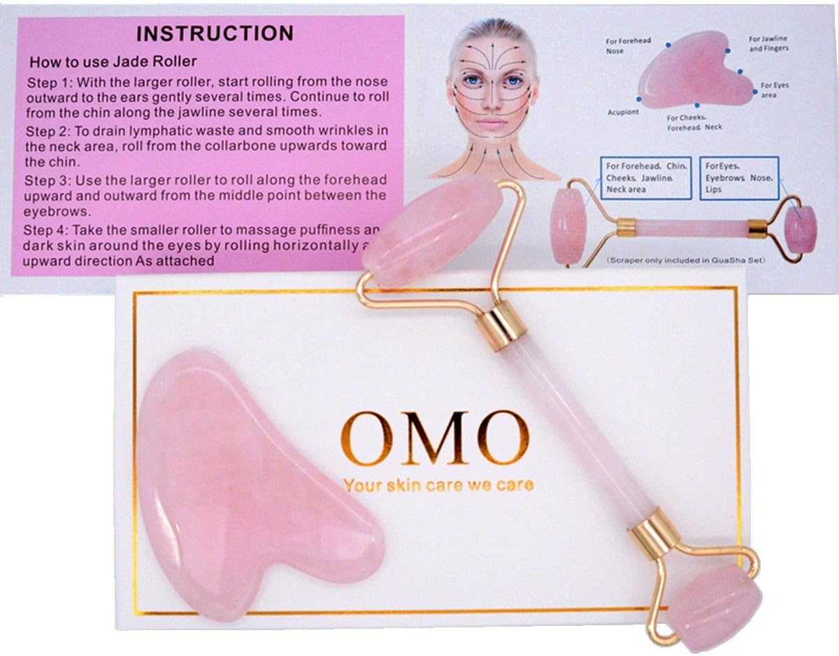 Echo & Kern rose quartz roller & Gua Sha Set | Rose crystal Roller For Face & Body Massage Therapy Skin Care | Anti Aging Jade Roller Therapy with Ball Roller | Rejuvenate Facial.
