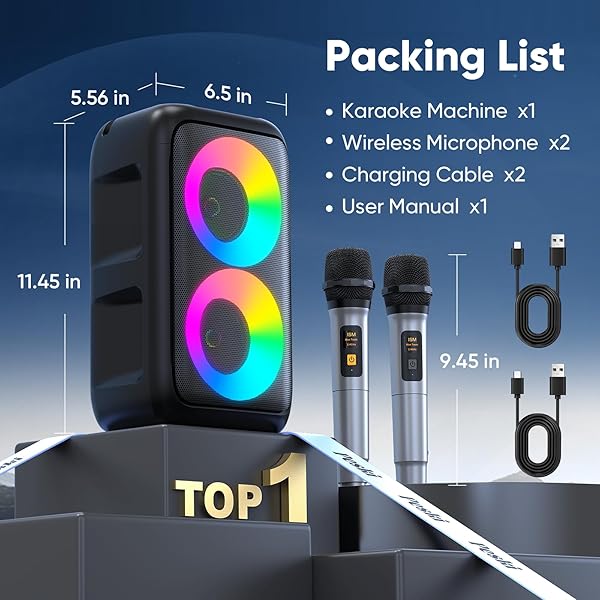 KARAOKE MACHINE FOR ADULTS KIDS, PORTABLE BLUETOOTH SPEAKER WITH 2 WIRELESS MICROPHONES, TWS MODE & LED LIGHT, 10H BATTERY PA SYSTEM STAGE MONITORS,PERFECT FOR HOME PARTY OUTDOOR BIRTHDAY GIFTS(BLACK)