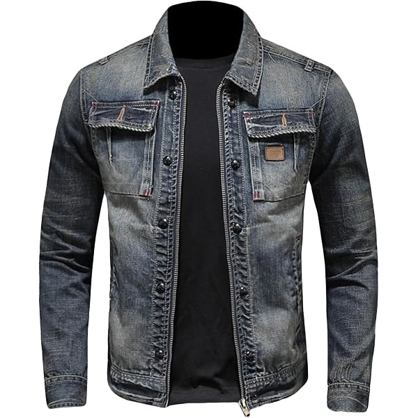 Men's Black Denim Classic Biker Motorcycle Jacket - Zipper Pockets - Allstate Leather