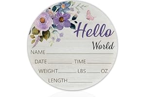 CLHHM Hello World Purple Rose Baby Name Sign Birth Announcement Plaque with Name Date Weight 6" Round Birch Wood Nursery Decor Newborn Hospital Keepsake Gift for Parents