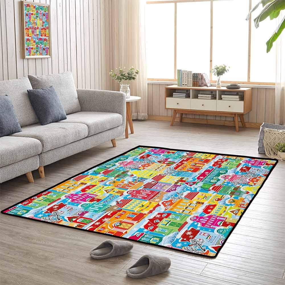 City Kitchen Area Rug 6'x9' Provides Protection and Cushion for Area Rugs and Floors Colorful Town Design Ornamental Winter Holiday Christmas Time Architecture Pattern Multicolor