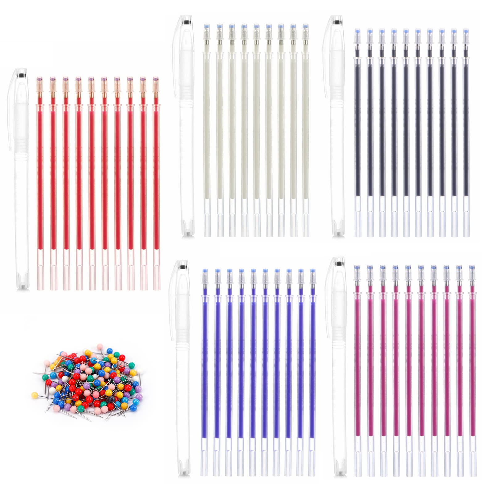 IBEQUEM 155Pcs Heat Erasable Pens with Sewing Pins, 50 Pcs Fabric Marking Gel Pen Refills with 100Pcs Colorful Pins, 5 Colors Replaceable Smooth Pens for DIY Dressmaking, Quilting, Tailor’s Chalks