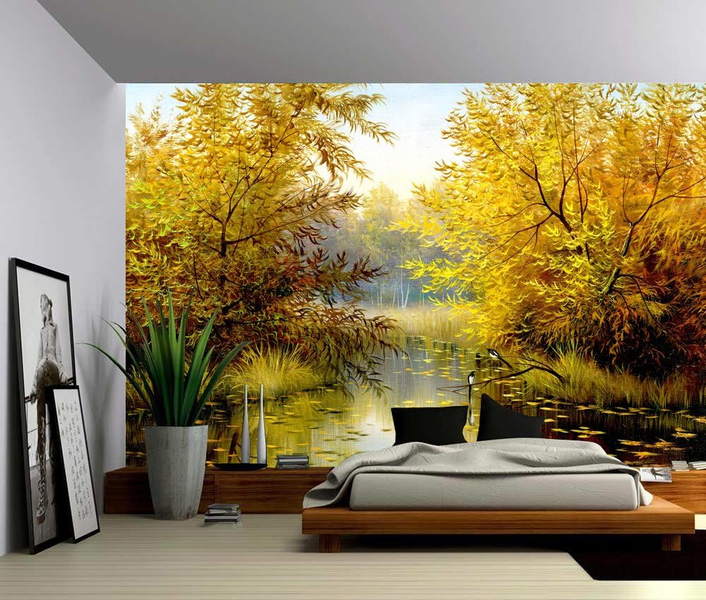 Picture Sensations Canvas Texture Wall Mural, Tree River Bank Autumn Landscape, Self-Adhesive Vinyl Wallpaper, Peel & Stick Fabric Wall Decal - 48x36