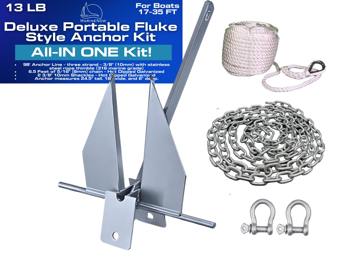 13 LB Galvanized Steel Fluke Anchor With Chain & Rope - Includes Two Shackles, For Small Boats 6 thumbnail image