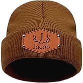 lanleay Custom Beanie Hat for Baby Boys Girls Personalized Leather Patch Toddler Beanie for Baby Adults Winter Kids Knit Hats
