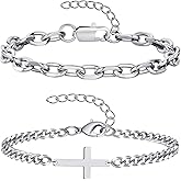 RANKEEF 2Pcs Mens Silver Bracelet with Cross Pearl Sturdy Stainless Steel Bracelets for Men Non Tarnish Adjustable Snake Box Figaro Rope Cuban Link Bracelet Set Gifts to Men Dad