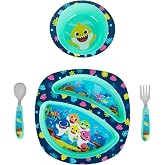 First Years Baby Shark Toddler Dinnerware Set - Includes Plate, Bowl, Fork and Spoon - 4 Count, Blue