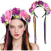 Flower Headband Day of the Dead Headpiece with Ribbon Tassels Women Halloween Party Carnival Parade Colorful Hair Accessories