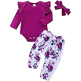 TITAREEY Newborn Baby Girl Clothes Infant Girls Outfits Long Sleeve Ruffle Cotton Romper and Floral Pants Set with Headband