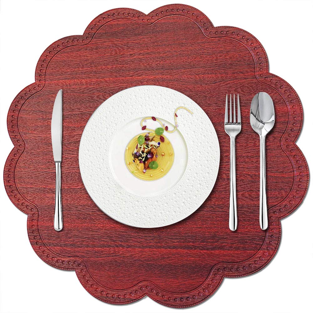 Kreatur Round Waterproof Placemats for Dining Table Set of 6,Modern PU Washable Table Mats Non-Slip Easy to Clean for Home Kitchen Decor (Cherry Red)