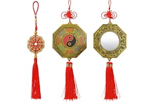 Eorbow 3 Pcs Bagua Mirror Set, Chinese Feng Shui Mirror, Ancient Coins with Chinese Knot Tassel for Door Protection, Lucky Charm Outdoor Ornament for Home Decor, Office, Car, Gifts