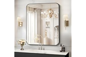 COFENY Bathroom Mirror, 30"x36" Black Rectangle Mirror, Wall Mounted Framed Mirror with Round Corner for Bedroom Living Room,