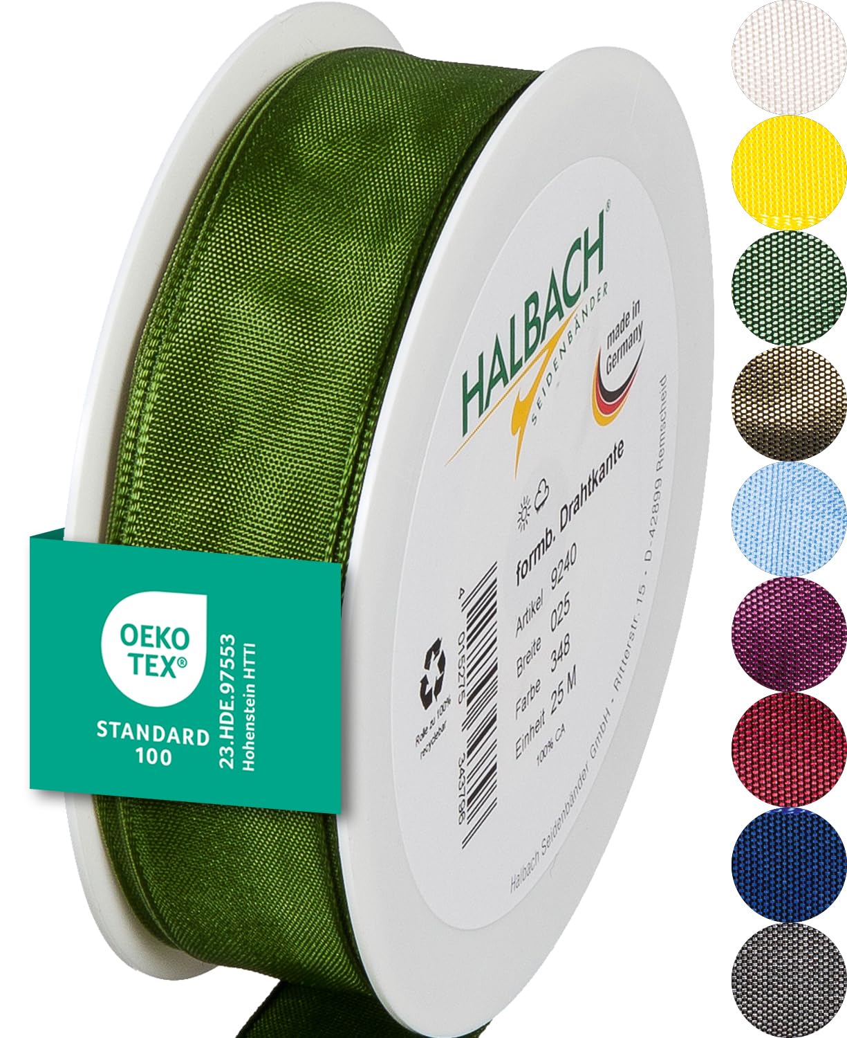 Halbach Seidenbänder Premium Gift Ribbon with Wired Edge, Width 25 mm, Length 25 m, Oeko-Tex 100 Certified Ribbon, Made in Germany, Colour: Moss Green — image 1