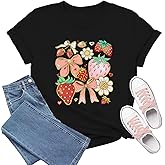TIEEI Strawberry Shirt for Women Fruit Lover T-Shirts Strawberries Tee Bows Tops