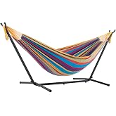 Vivere Double Cotton Hammock with Space Saving Steel Stand, Upgraded Polyester End Strings 450 lb Capacity - Premium Carry Bag Included - (Tropical)