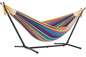 Vivere Double Cotton Hammock with Space Saving Steel Stand, Upgraded Polyester End Strings 450 lb Capacity - Premium Carry Ba
