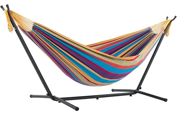Vivere Double Cotton Hammock with Space Saving Steel Stand, Upgraded Polyester End Strings 450 lb Capacity - Premium Carry Ba