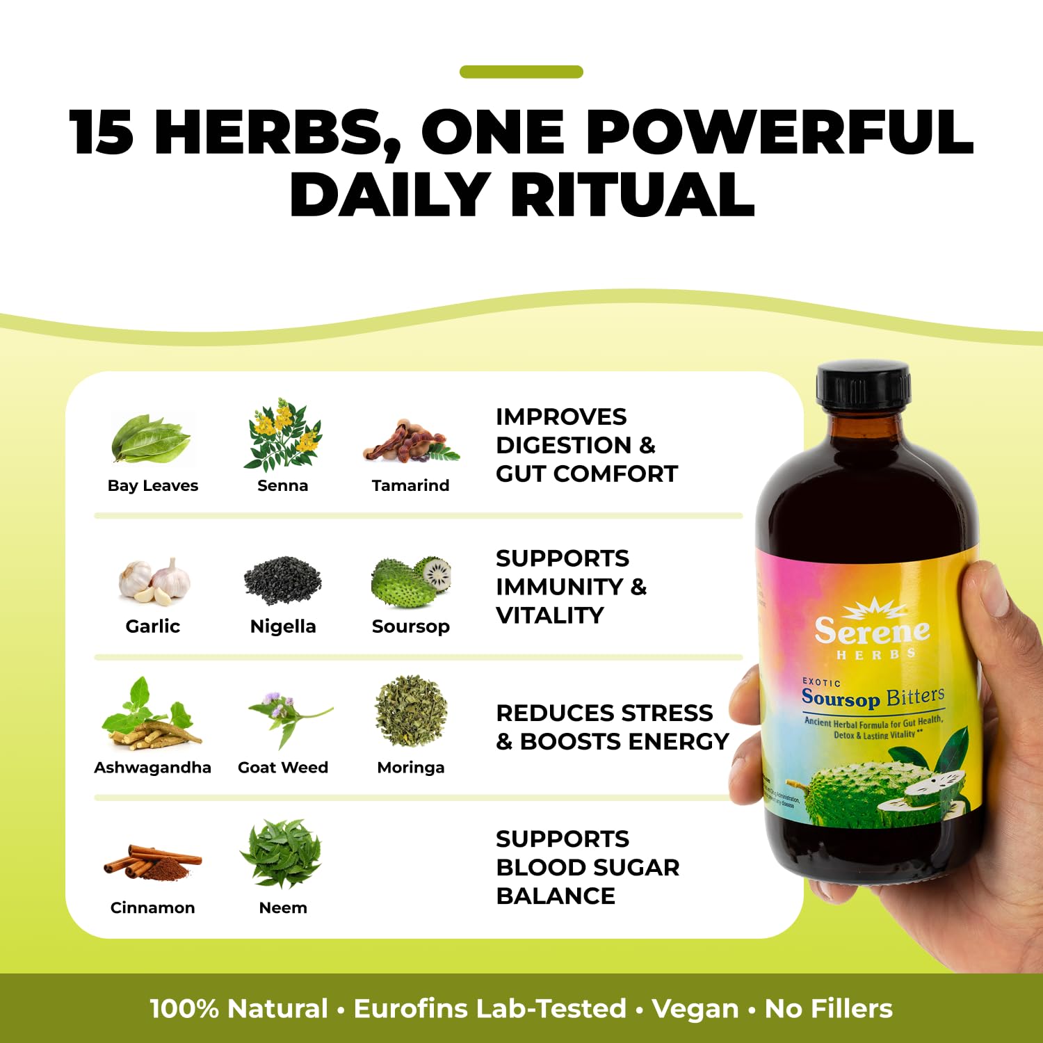 Serene Herbs - Soursop Bitters Liquid - Organic Herbal Guanabana Detox with Black Seed, Moringa & Ginger - Supports Digestive Wellness & Immune Function - 16 fl oz​