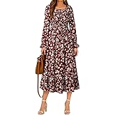 Dokotoo Boho Dresses for Women 2025 Casual Floral Square Neck Long Sleeve Smocked Elastic Waist Tiered Ruffle Hem Maxi Dress