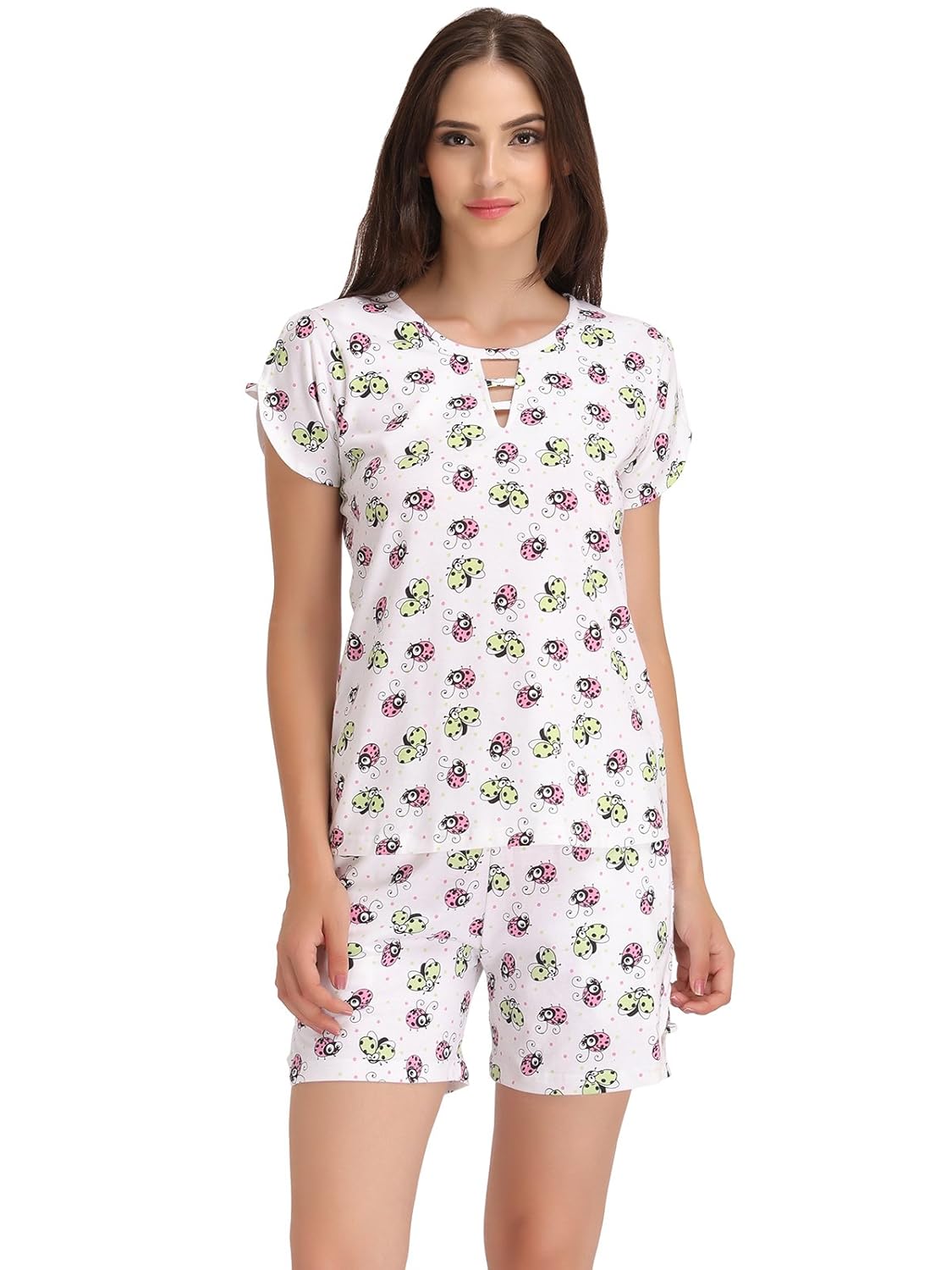 clovia women's ladybug printed top & shorts set