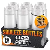 6-Pack Inverted Condiment Squeeze Bottles for Sauces 16 oz, Squirt Bottles | Reusable Sauce Bottles, Salad Dressing Bottles for Ketchup, Mustard, Mayo and BBQ; Wide Mouth, Self-Closing Valve, Gaskets