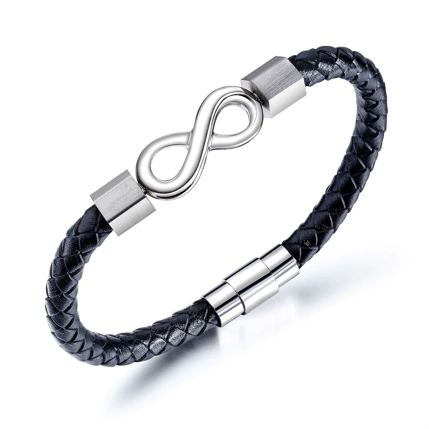 Feilok Men's Braided Leather Bracelet Classic Style Titanium Clasp with Magnets Infinity