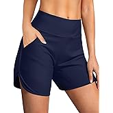 Buauty Women's 5" Swim Board Shorts Quick Dry High Waisted Swimsuits with Liner Pockets UPF 50+ Bathing Suits Bottoms Trunks Dark Blue