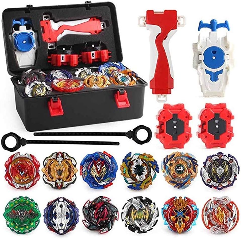 XIXI-POPOMT 12 pcs Bayblades Burst Turbo Evolution Metal Fusion Bay Blade Toys Gyro Battling Game Starter Pack Set with 12 Spinning Top + 3 Launchers - Black Box