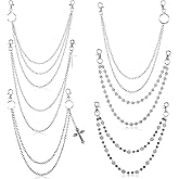 Quelay 6 Pcs Goth Pants Chain Punk Jean Pocket Chains Sparkly Ceramic Beads Wallet Chain Belt Silver Multi Layer Key Hip Hop Chains for Women Men Accessories