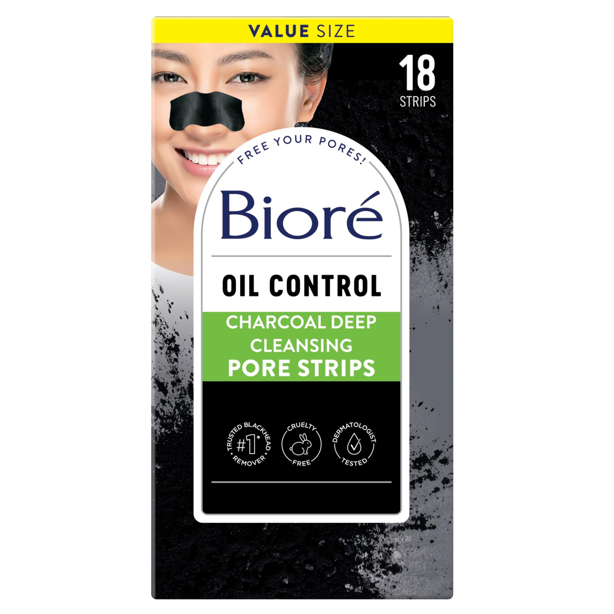 Photo 1 of Biore Charcoal, Deep Cleansing Pore Strips, Nose Strips for Blackhead Removal on Oily Skin, with Instant Pore Unclogging, features Natural Charcoal, See 3x Less Oil, 18 Count