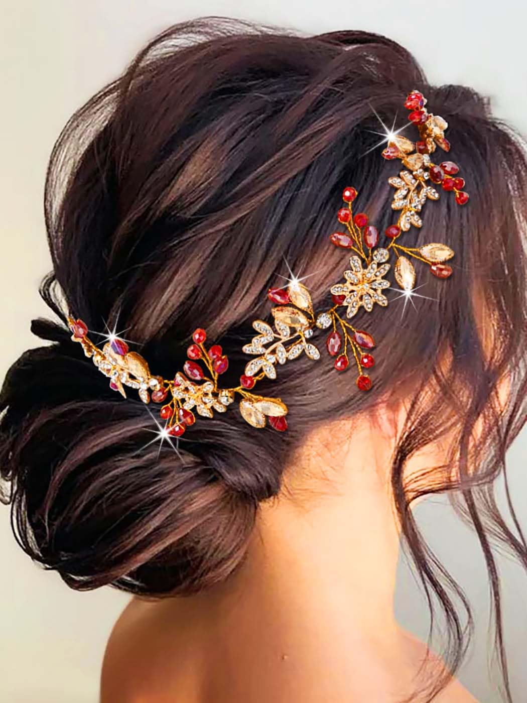 IYOU Rhinestone Wedding Hair Vines Red Flower Bride Headbands Leaf Beaded Headpiece Guest Bridal Hair Accessories for Women — image 1