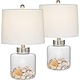 360 Lighting Country Coastal Small Accent Table Lamps 20.5" High Set of 2 Clear Glass Fillable Shells White Drum Shade Decor for Living Room Bedroom Beach House Bedside Nightstand Home