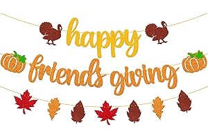 YOYMARR Happy Friends Giving Banner Fall Leaves Garland Thanksgiving Day Autumn Turkey Theme for Happy Friendsgiving Party Glitter Gold Decorations