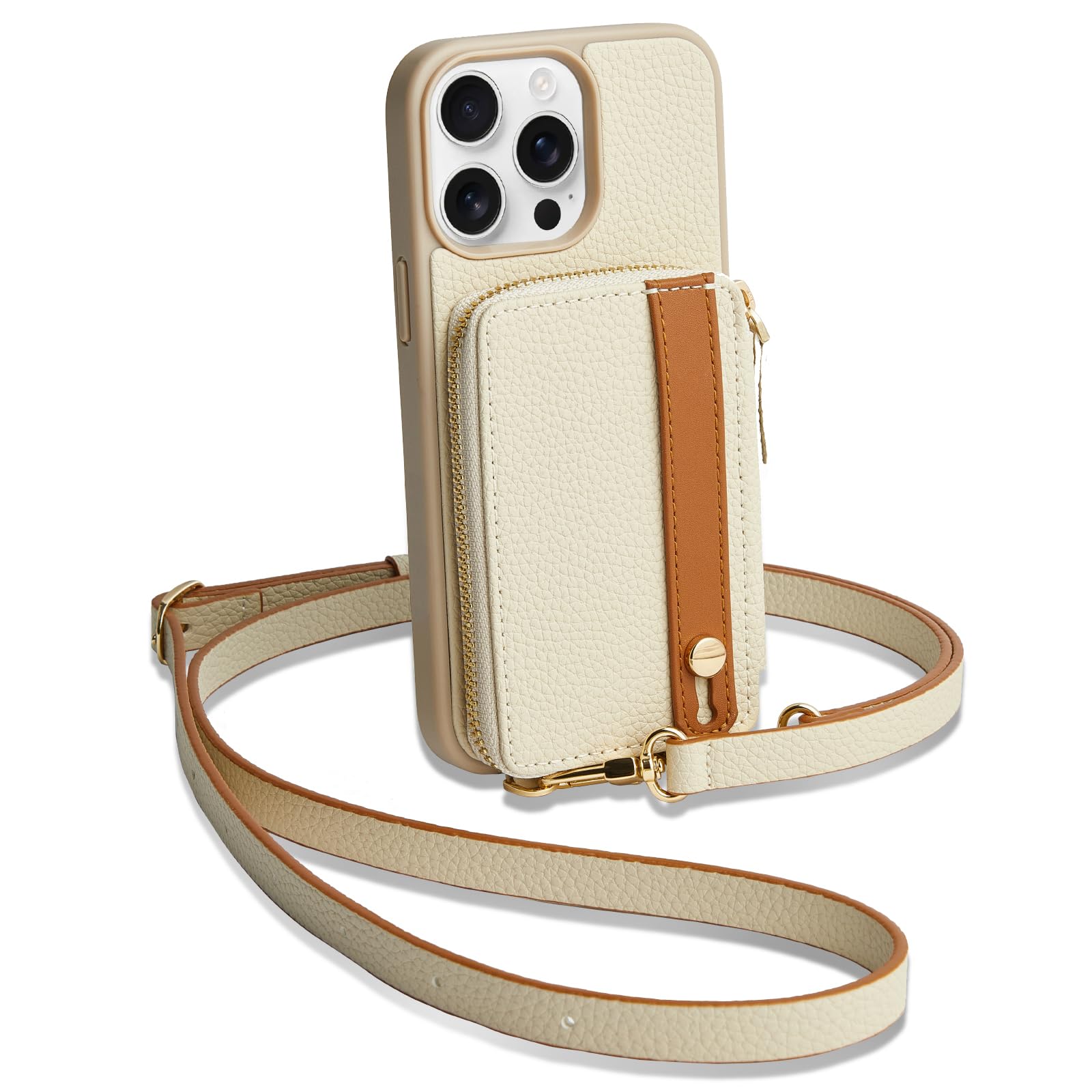 LAMEEKU for iPhone 15 Pro Wallet Case with Credit Card Holder, Zipper Leather Crossbody Case with Phone Grip Holder Stand Wrist Strap Lanyard for Women for Apple iPhone 15 Pro 6.1 inch Beige