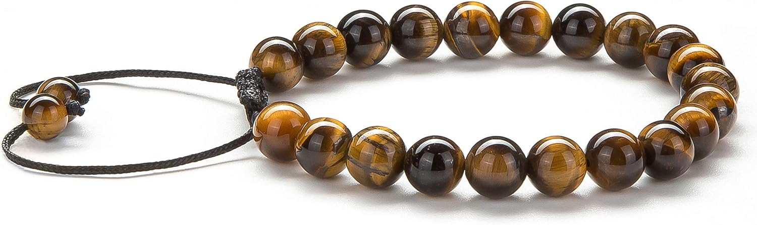 Hamoery Men Women 8mm Tiger Eye Stone Beads Bracelet Braided Rope Natural Stone Yoga Bracelet Bangle(Tiger Eye Stone): Clothing