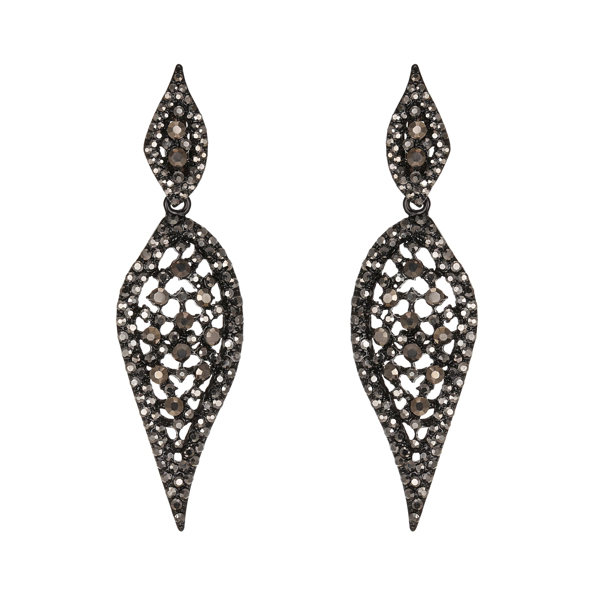 EVER FAITH Hollow-out Crystal 2 Leaf Long Drop Dangle Earrings Art Deco Vintage Clip-on Chandelier Earrings for Women Bright Black Black-Tone
