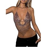 SweatyRocks Women's Glitter Rhinestone Criss Cross Halter Tops Backless Sleeveless Asymmetrical Party Crop Tops