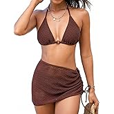 CUPSHE Women's Bikini Sets Three Piece Swimsuit V Neck Textured Halter Back Self Tie Drawstring Sarong O Ring
