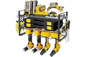 WJIANG Power Tool Organizer Wall Mount Drill Holder 3 Layer Storage Rack for Garage Organization Heavy Duty Tool Organizers Cordless Drill Organizer with Screwdriver Holder, Plier Holder, Hammer Holder