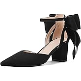 Yremael Women's Black Pointed Toe Pumps Bow Ankle Strap Chunky High Heels Dress Wedding Shoes