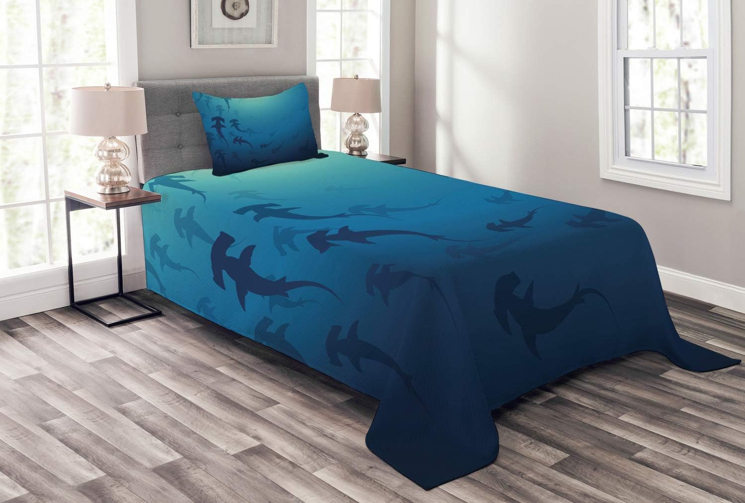 Ambesonne Sea Animals Bedspread, Hammerhead Shark School Scan Ocean Dangerous Predator Wild Nature Illustration, Decorative Quilted 2 Piece Coverlet Set with Pillow Sham, Twin Size, Blue