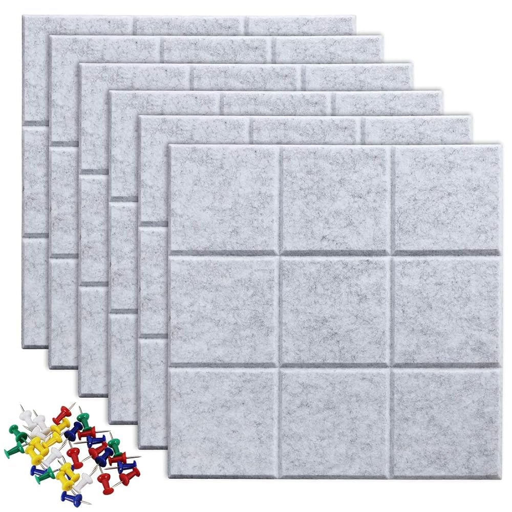 Uoisaiko 90 x 60cm Large Felt Pin Board for Walls, 6 Pack DIY Bulletin Board Tiles, 0.9cm Thick Cork Board Alternative with 30 Push Pins, Acoustic Vision Board for Office, School & Home Decor