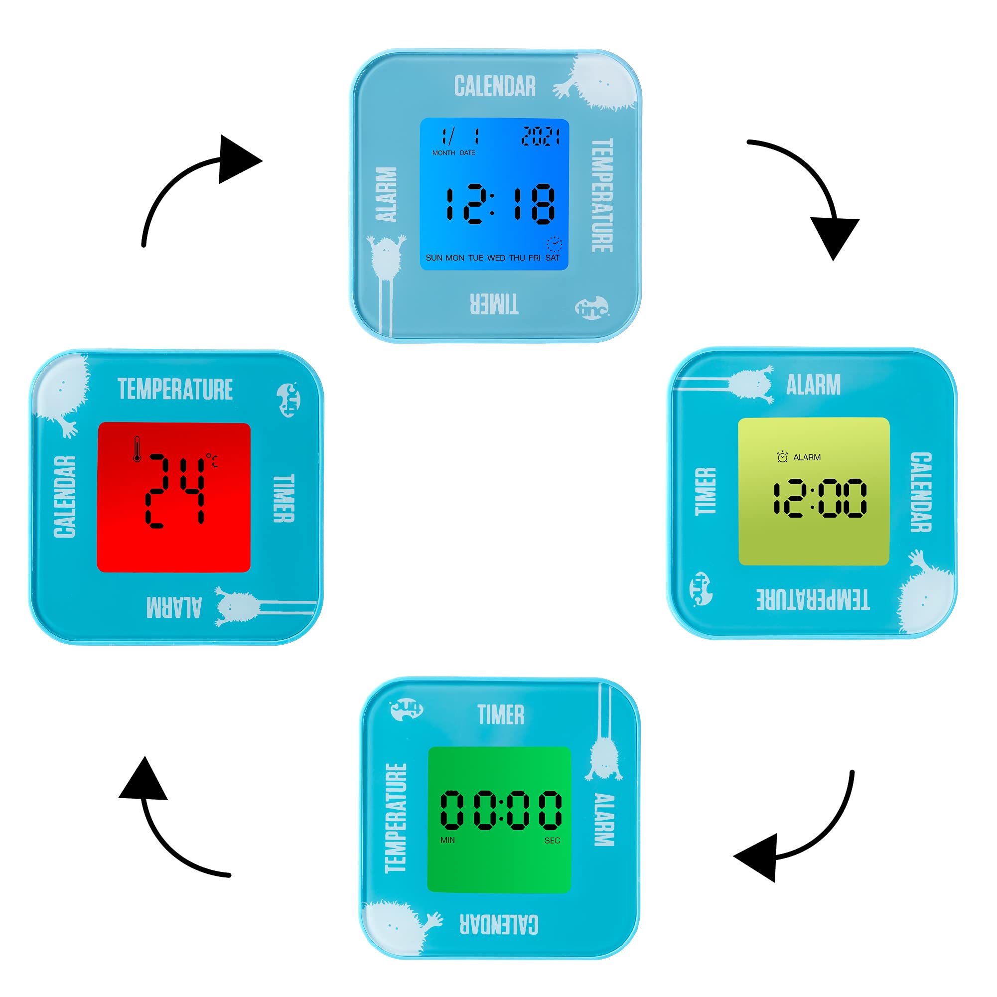 Tinc Kids Digital Alarm, Temperature, Date & Timer Rotate Flip Clock, Blue, Small