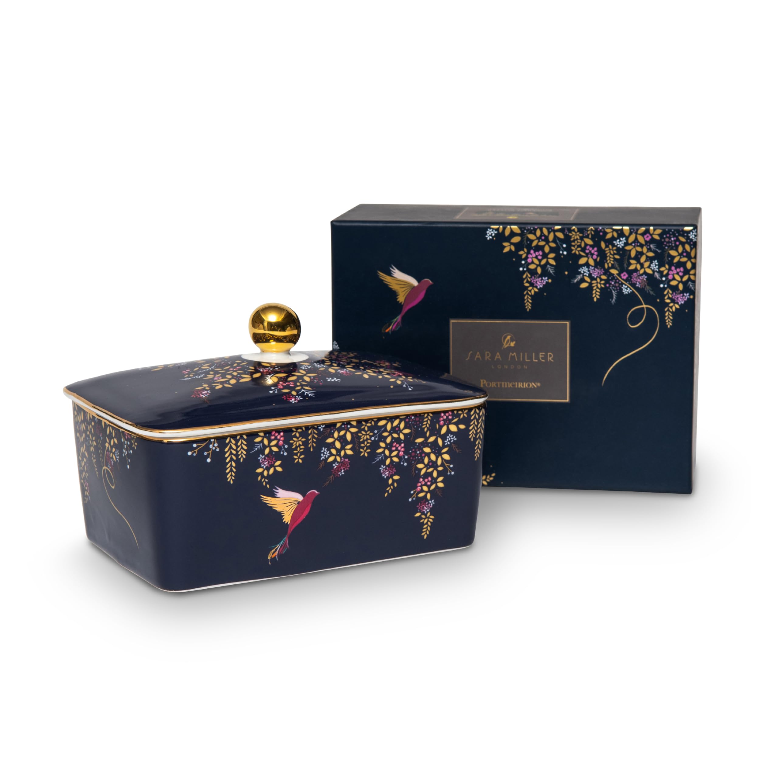 Portmeirion x Sara Miller London Butter Dish - Navy Blue Ceramic Butter Dish with Lid, 22ct Gold Detailing, Suitable Gift for Farmhouse and Kitchen Lovers